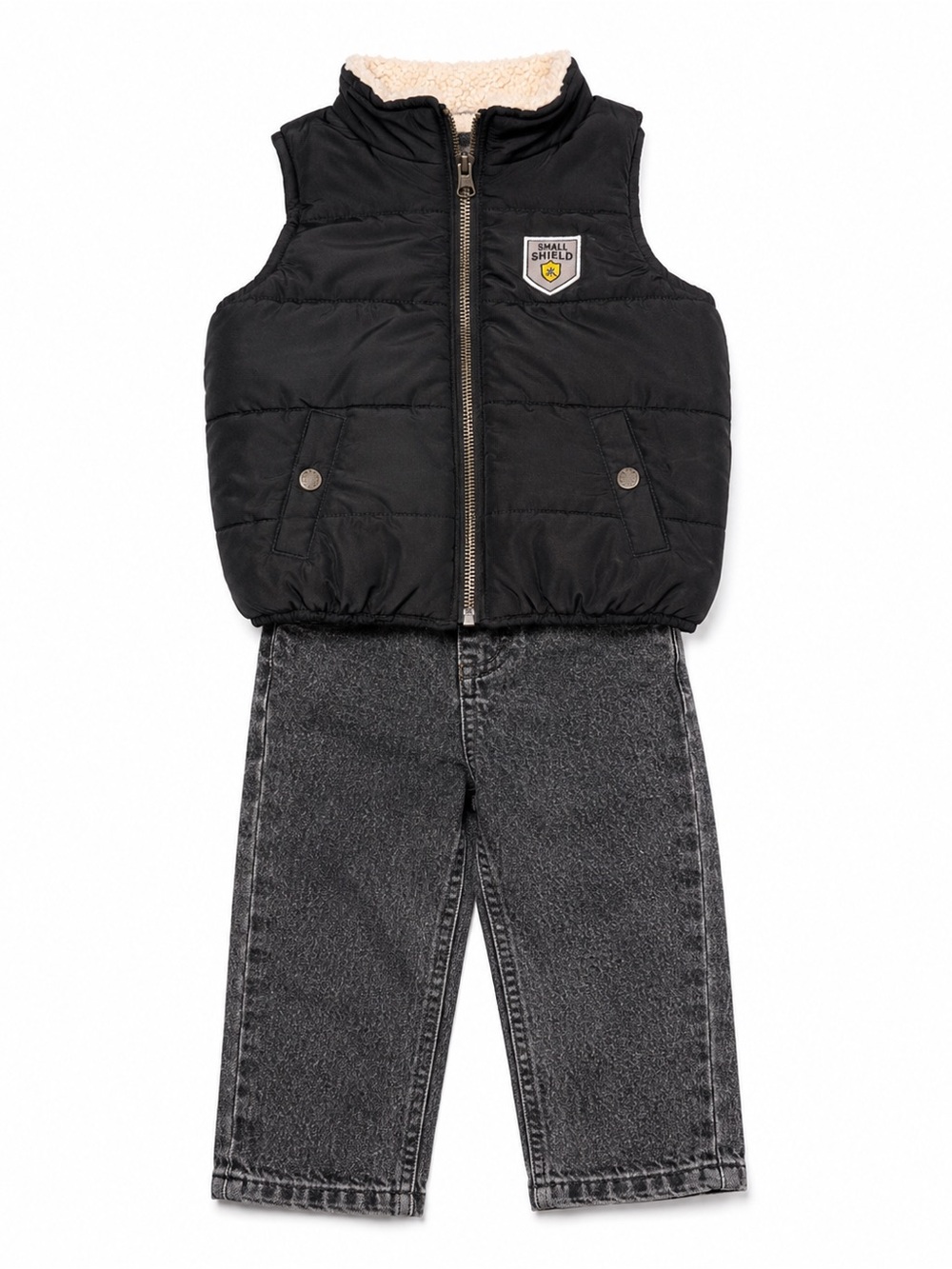 Baby Boy 18M Black Puffer Sherpa Vest Gray Jeans 2 Piece Outfit Set